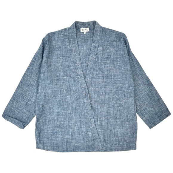 OZMA Blue Chambray Three Quarter Sleeve V-Neck Kimono Top Light Jacket sz M